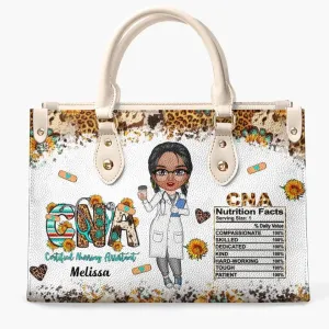 Personalized Leather Bag - Gift For Cna - Certified Nursing Assistant Nutrition Facts Leopard Pattern, Custom Gift For Nurse, Nurse Graduation Gift, Medical Personnel Personalized Leather Hand Bag
