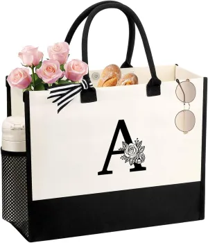 Personalized Name Tote Bag for Women, Birthday Best Friend Bridesmaid Gifts for Women Canvas Initial Tote Bags