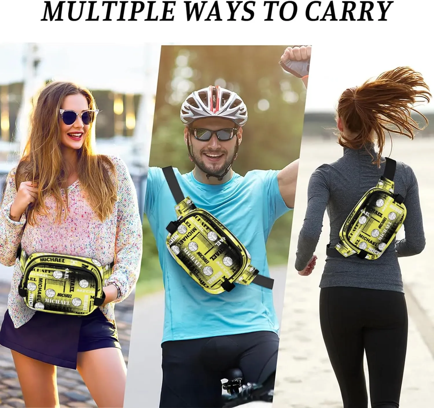 Personalized Volleyball Waist Packs for Women Men, Custom Name Fanny Pack Crossbody Belt Bag with Adjustable Strap for Sports Workout Traveling, Yellow Black