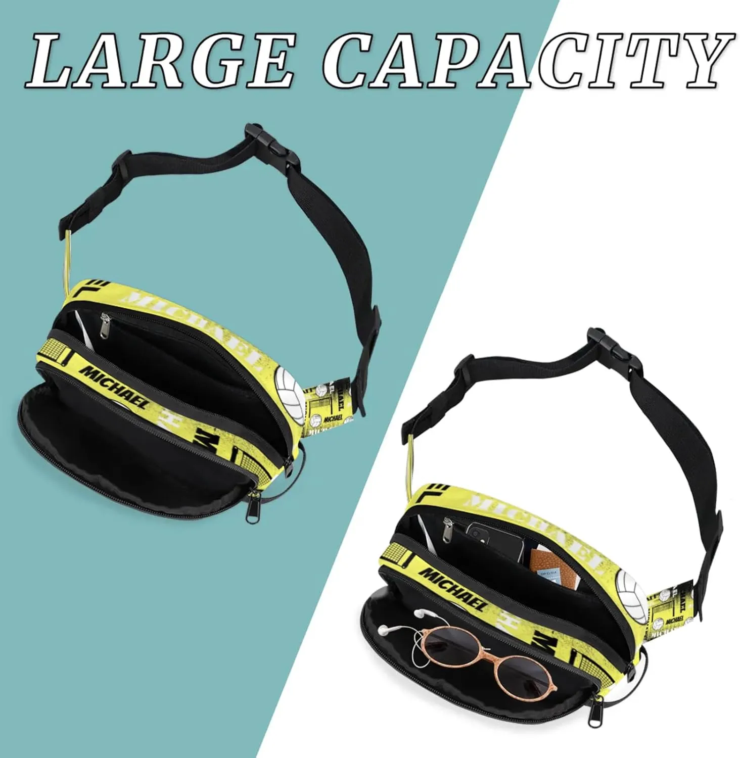 Personalized Volleyball Waist Packs for Women Men, Custom Name Fanny Pack Crossbody Belt Bag with Adjustable Strap for Sports Workout Traveling, Yellow Black
