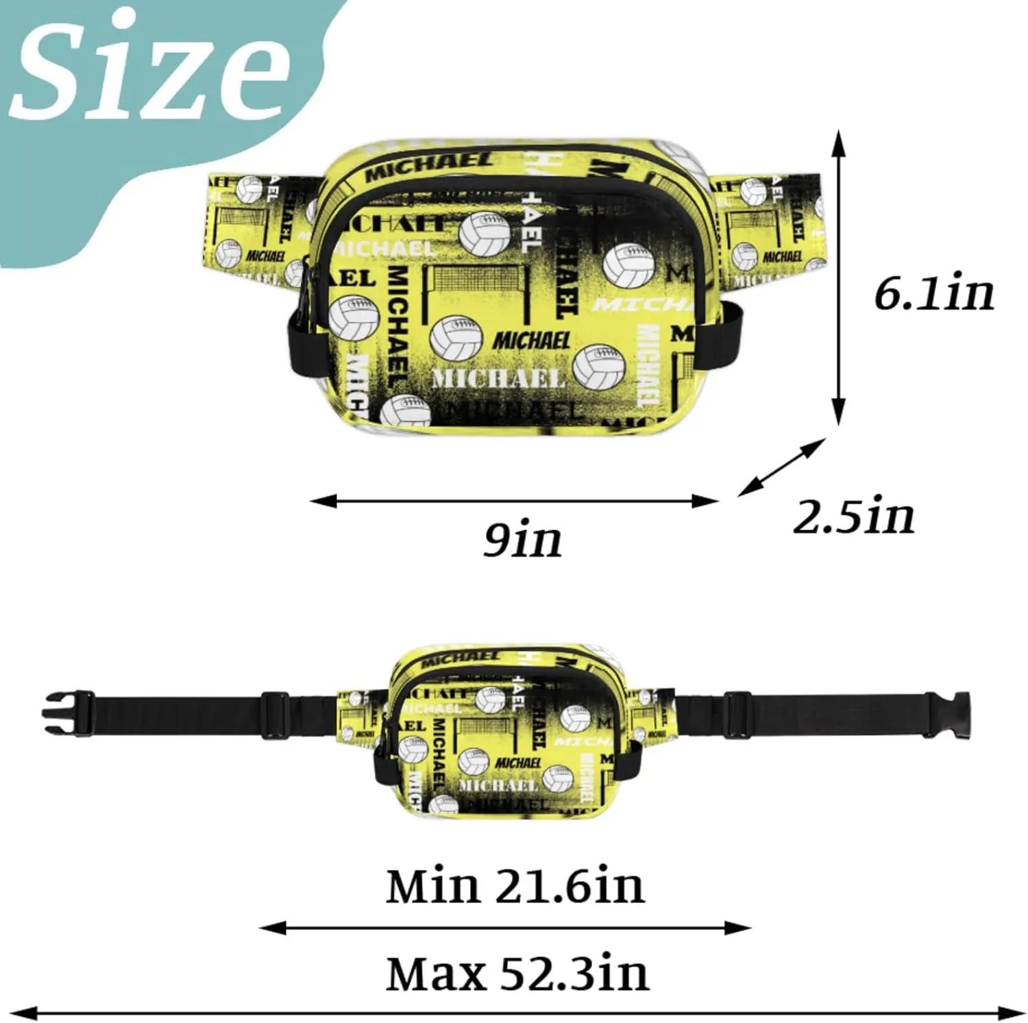 Personalized Volleyball Waist Packs for Women Men, Custom Name Fanny Pack Crossbody Belt Bag with Adjustable Strap for Sports Workout Traveling, Yellow Black