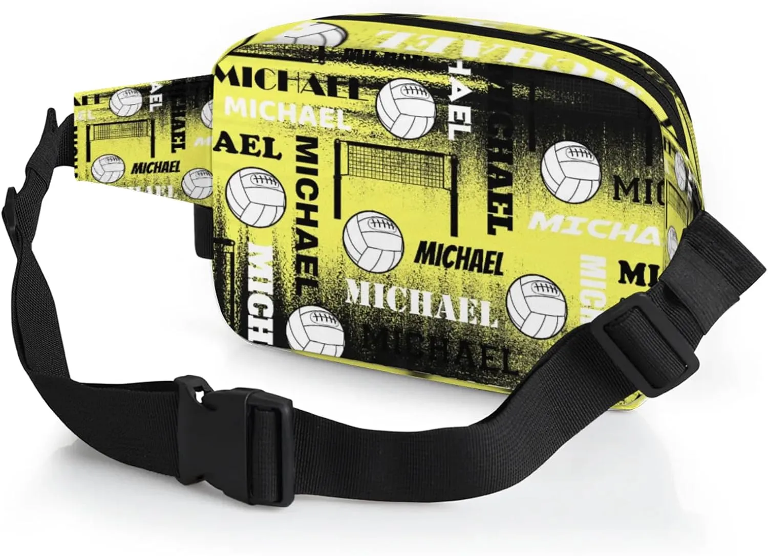 Personalized Volleyball Waist Packs for Women Men, Custom Name Fanny Pack Crossbody Belt Bag with Adjustable Strap for Sports Workout Traveling, Yellow Black