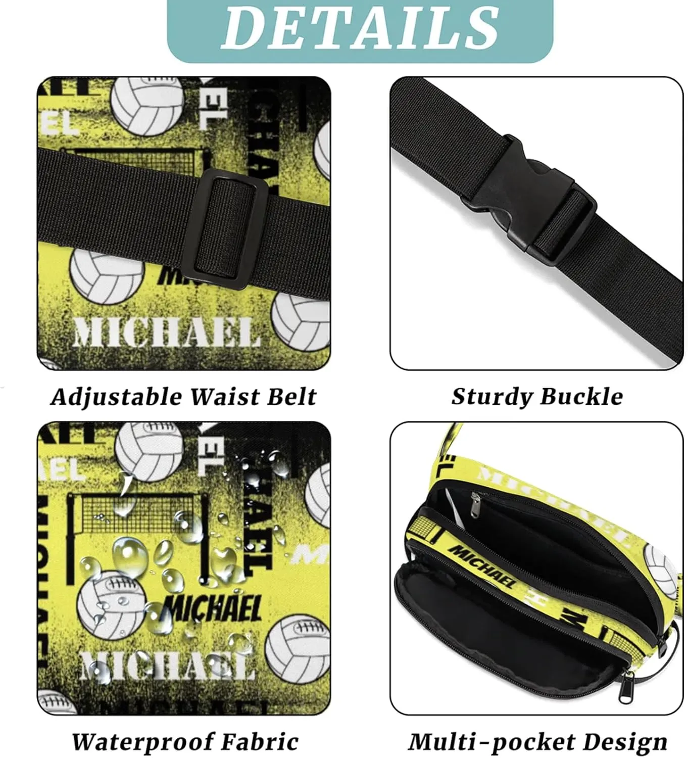 Personalized Volleyball Waist Packs for Women Men, Custom Name Fanny Pack Crossbody Belt Bag with Adjustable Strap for Sports Workout Traveling, Yellow Black