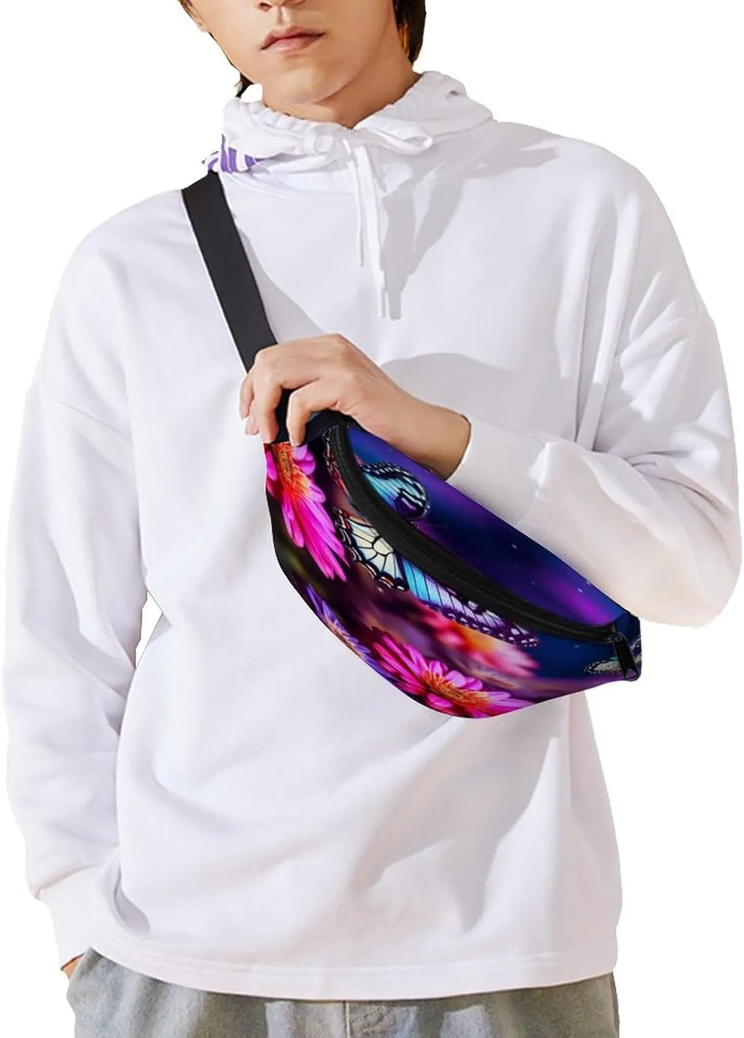 Personalized Waist Packs with Adjustable Strap,Butterfly Beautiful Flowers CrossBody Fanny Pack Casual Bag for Travel Sports Running Hiking