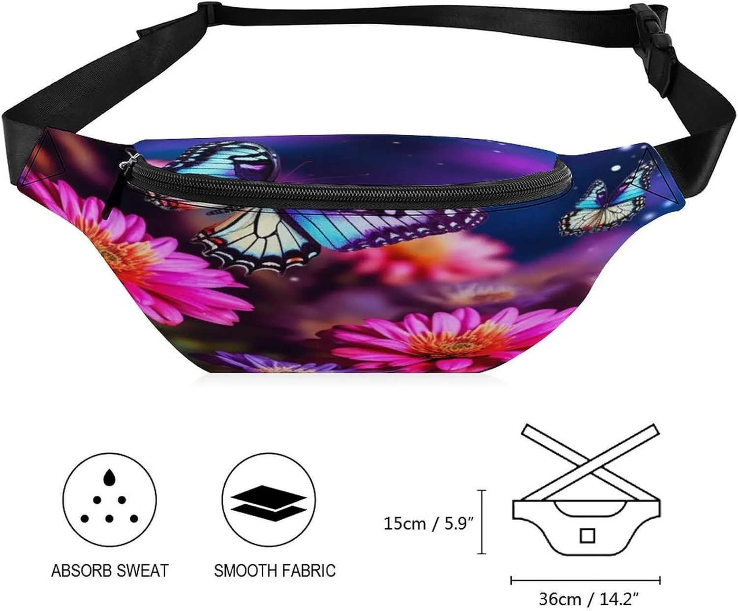 Personalized Waist Packs with Adjustable Strap,Butterfly Beautiful Flowers CrossBody Fanny Pack Casual Bag for Travel Sports Running Hiking