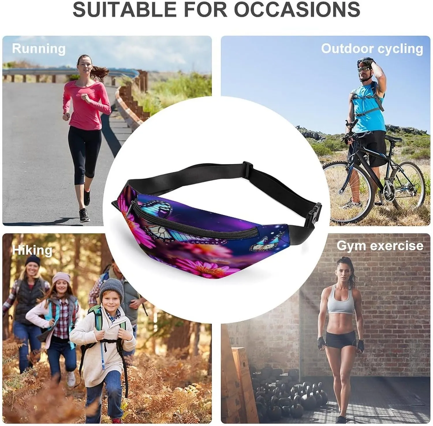 Personalized Waist Packs with Adjustable Strap,Butterfly Beautiful Flowers CrossBody Fanny Pack Casual Bag for Travel Sports Running Hiking