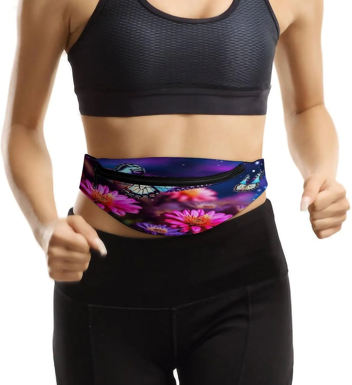 Personalized Waist Packs with Adjustable Strap,Butterfly Beautiful Flowers CrossBody Fanny Pack Casual Bag for Travel Sports Running Hiking