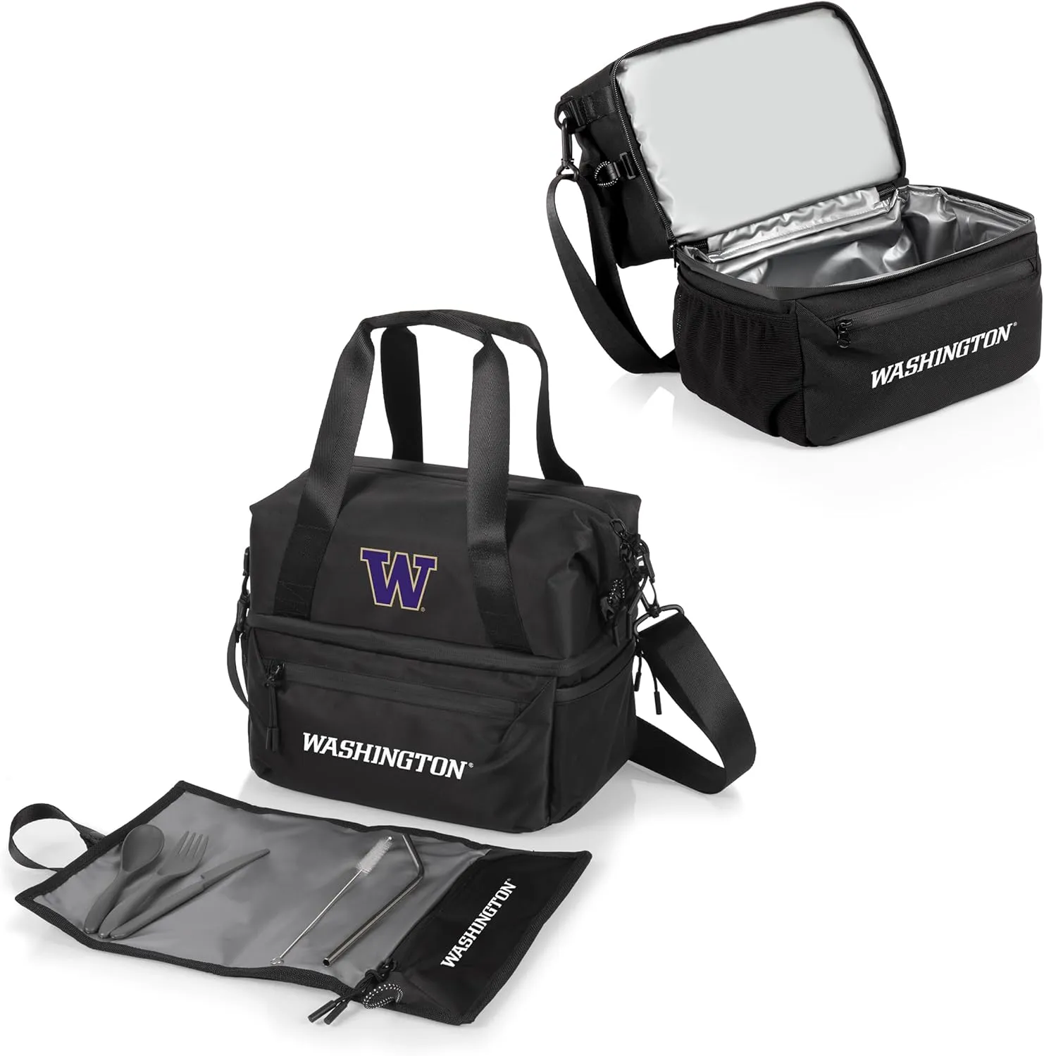 PICNIC TIME NCAA Oklahoma Sooners Tarana Lunch Bag Cooler with Utensils Made from Recycled Material, Lunch Box with Picnic Set, Upcycled Lunch Cooler Bag, (Carbon Black)