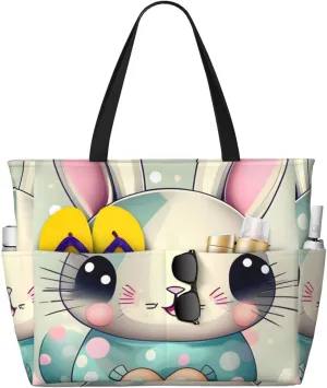 Pink cartoon bunny Print 28L Beach Tote Bag, Water-resistant Travel Tote, Lightweight Gym & Camping Carryall