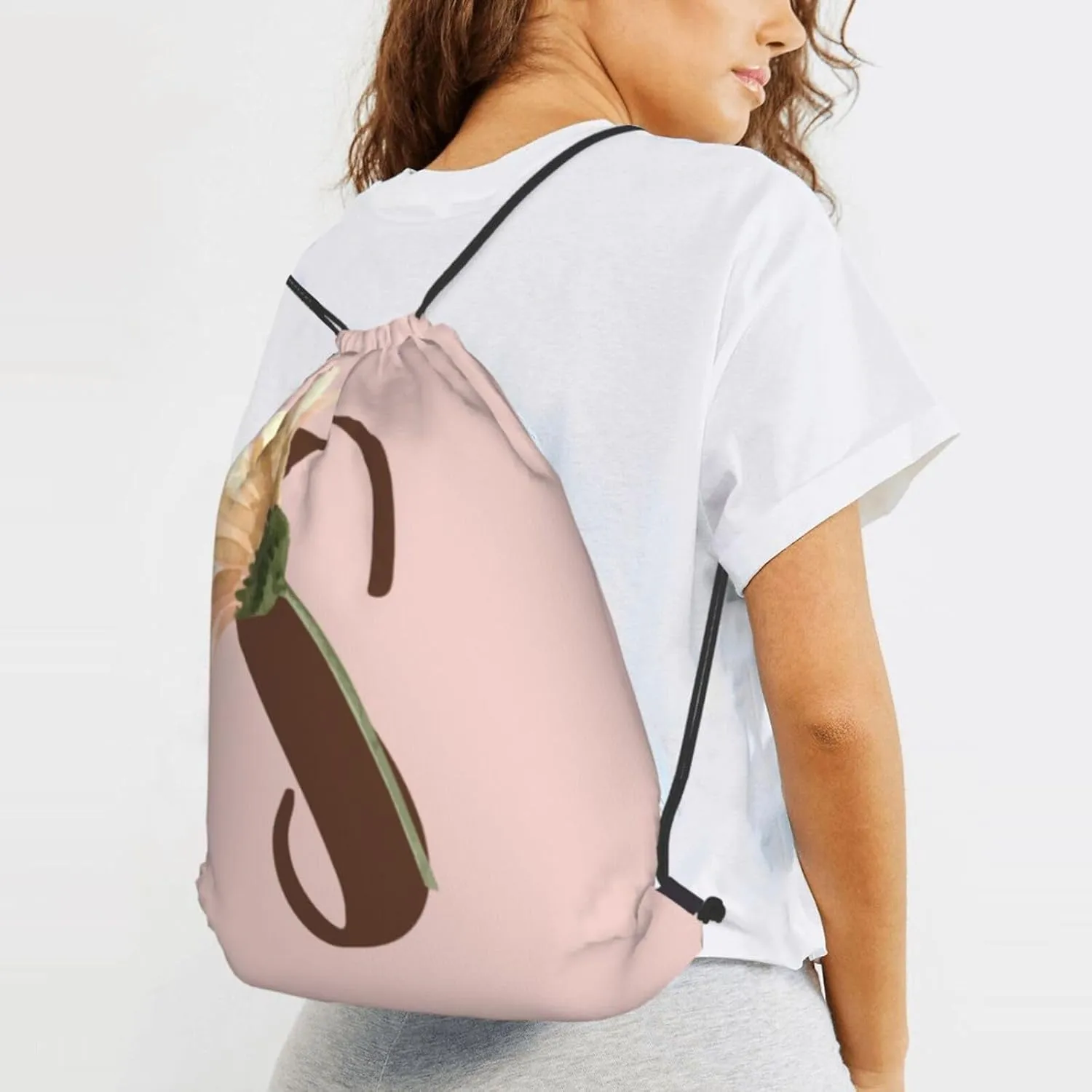 Pink Drawstring Bag for Women Girls Kids Teens Students Floral Initial Drawstring Backpack Sackpack Draw String Cinch Bags for Sports, Gym, Travel, Swimming, Beach, Camping, Letter S