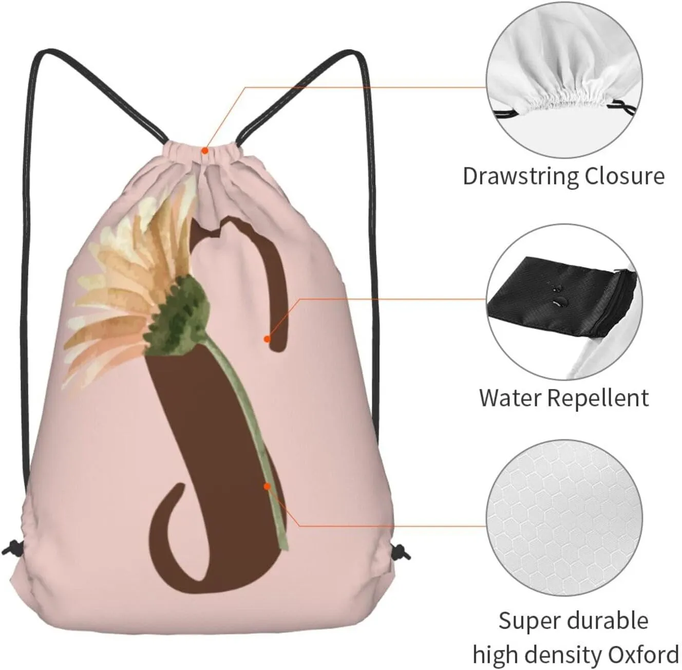 Pink Drawstring Bag for Women Girls Kids Teens Students Floral Initial Drawstring Backpack Sackpack Draw String Cinch Bags for Sports, Gym, Travel, Swimming, Beach, Camping, Letter S