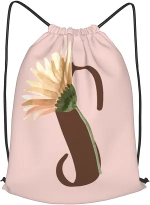 Pink Drawstring Bag for Women Girls Kids Teens Students Floral Initial Drawstring Backpack Sackpack Draw String Cinch Bags for Sports, Gym, Travel, Swimming, Beach, Camping, Letter S