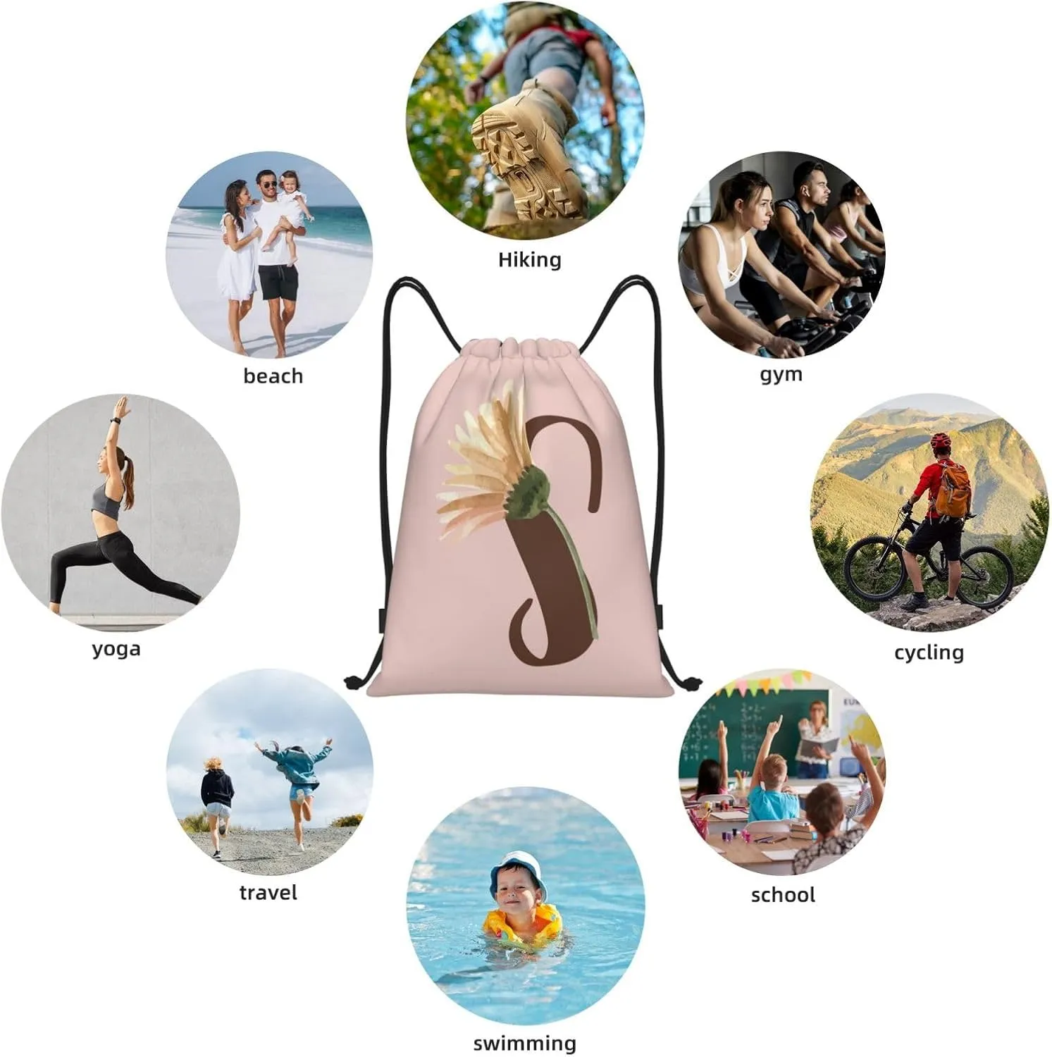Pink Drawstring Bag for Women Girls Kids Teens Students Floral Initial Drawstring Backpack Sackpack Draw String Cinch Bags for Sports, Gym, Travel, Swimming, Beach, Camping, Letter S