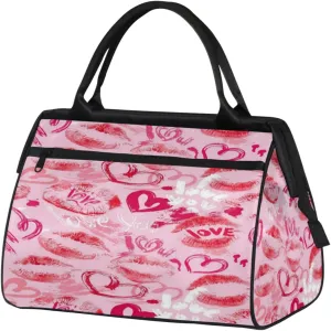 Pink Heart Lip Print Travel Duffel Bag Sports Travel Duffel Bag Waterproof Durable Large Gym Tote Bag Weekender Overnight Bag for Women Travel Gym Yoga