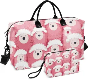 Pink White Sheeps Travel Duffel Bag with Toiletry Bag Weekender Bag for Carry on Sports Gym Bag for Yoga Sports Gym