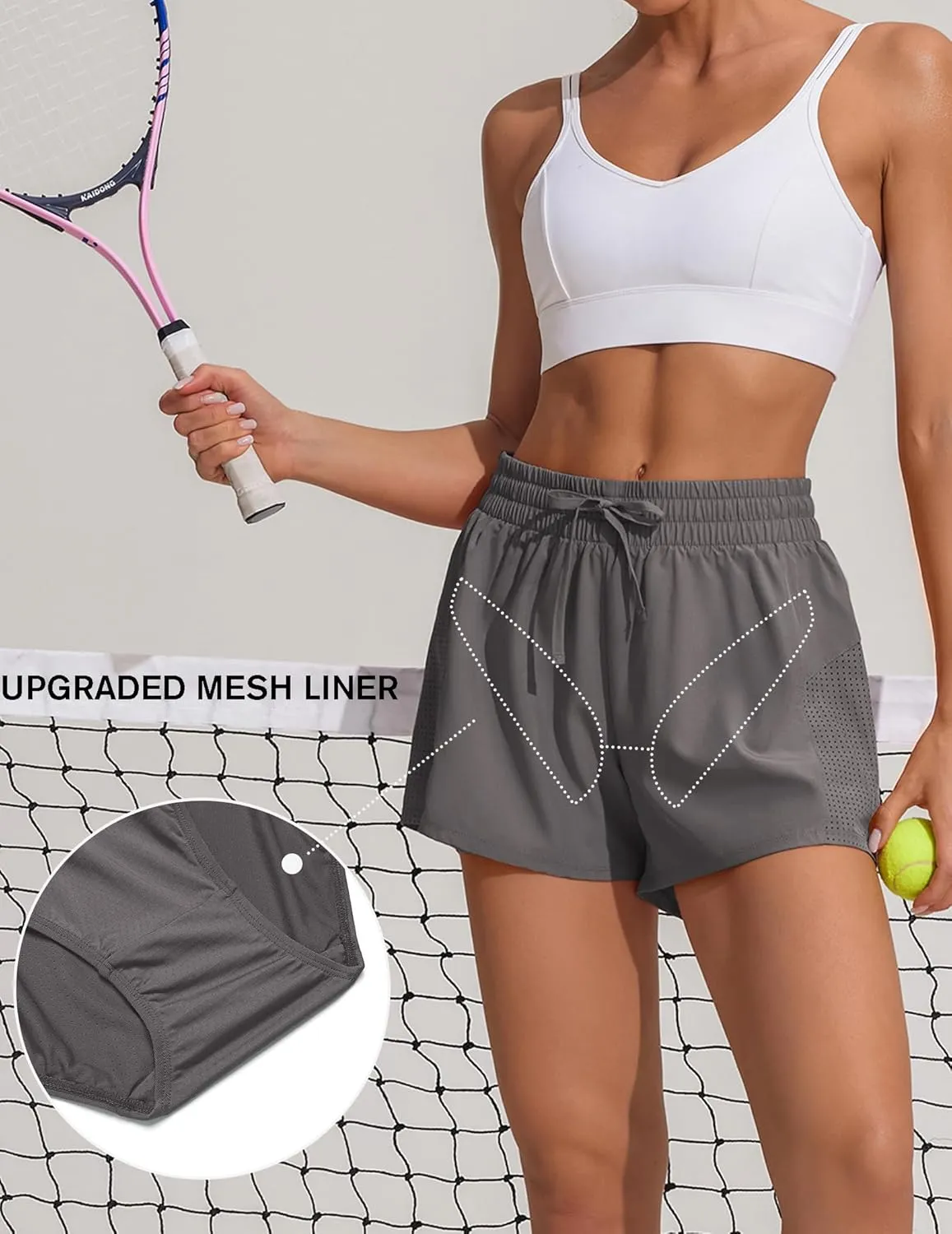 PINSPARK Womens Athletic Shorts High Waisted Running Shorts 2 in 1 Drawstring Quick Dry Gym Shorts with Zipper Pockets
