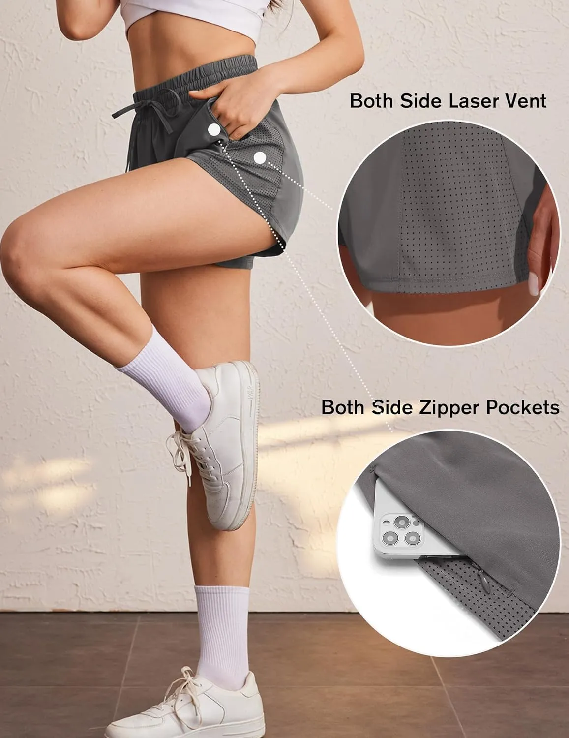 PINSPARK Womens Athletic Shorts High Waisted Running Shorts 2 in 1 Drawstring Quick Dry Gym Shorts with Zipper Pockets