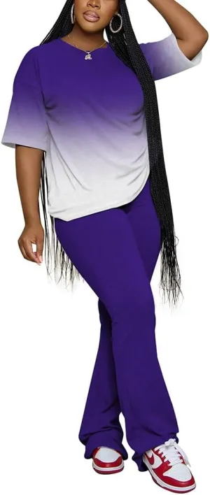 PINSV Women 2 Piece Outfits Short Sleeve Top and Flare Pants Lounge Sets Tracksuit
