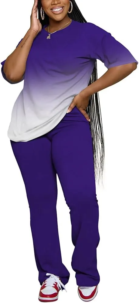 PINSV Women 2 Piece Outfits Short Sleeve Top and Flare Pants Lounge Sets Tracksuit