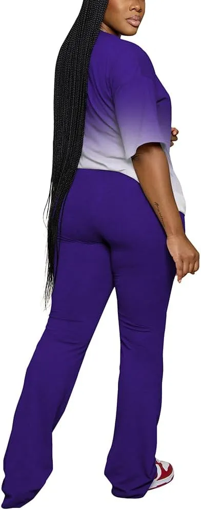 PINSV Women 2 Piece Outfits Short Sleeve Top and Flare Pants Lounge Sets Tracksuit
