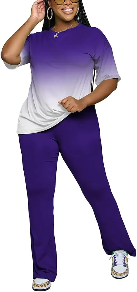 PINSV Women 2 Piece Outfits Short Sleeve Top and Flare Pants Lounge Sets Tracksuit