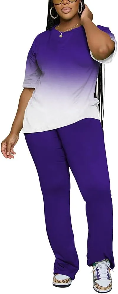 PINSV Women 2 Piece Outfits Short Sleeve Top and Flare Pants Lounge Sets Tracksuit