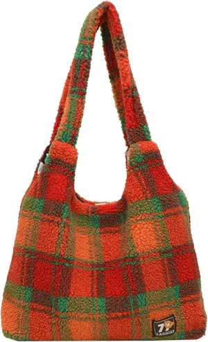 Plaid Fleece Tote Bag Women Colorful Checkered Winter Shoulder Bag Cozy Wooly Tote Versatile Handbag 2024 Fall Winter Fashion