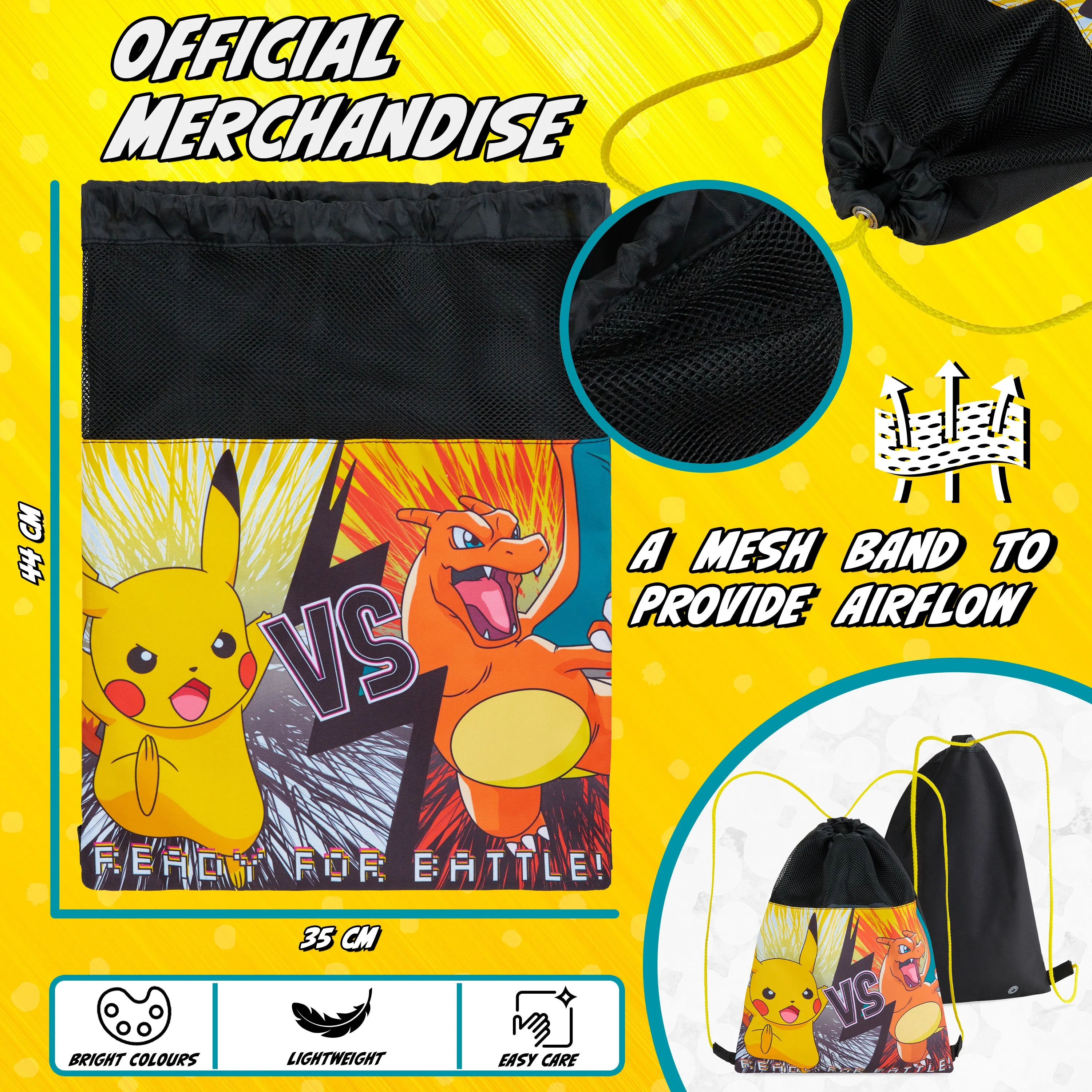 Pokemon Kids Drawstring Bags - Pikachu Swimming Bag, School, Sports, PE Bag