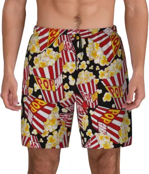 Popcorn Print Print Men's Double Layer Swim Shorts, Gym Workout Shorts with Pocket
