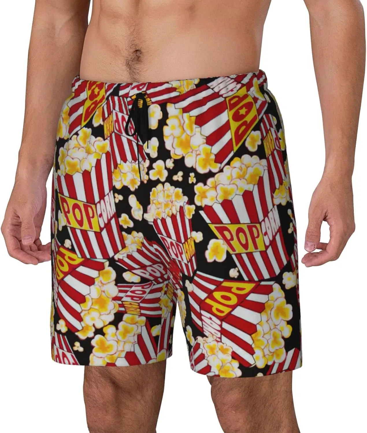 Popcorn Print Print Men's Double Layer Swim Shorts, Gym Workout Shorts with Pocket
