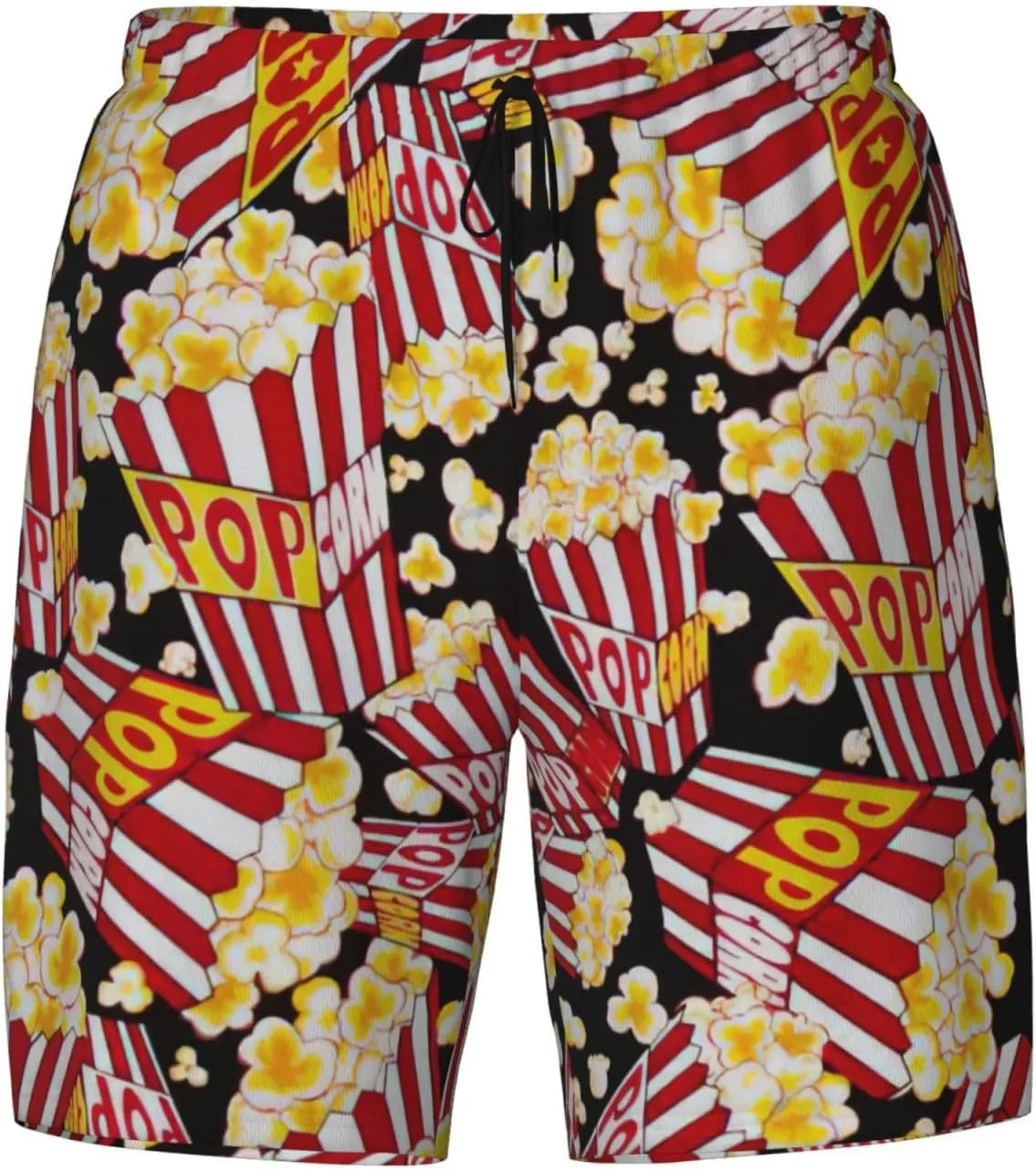 Popcorn Print Print Men's Double Layer Swim Shorts, Gym Workout Shorts with Pocket