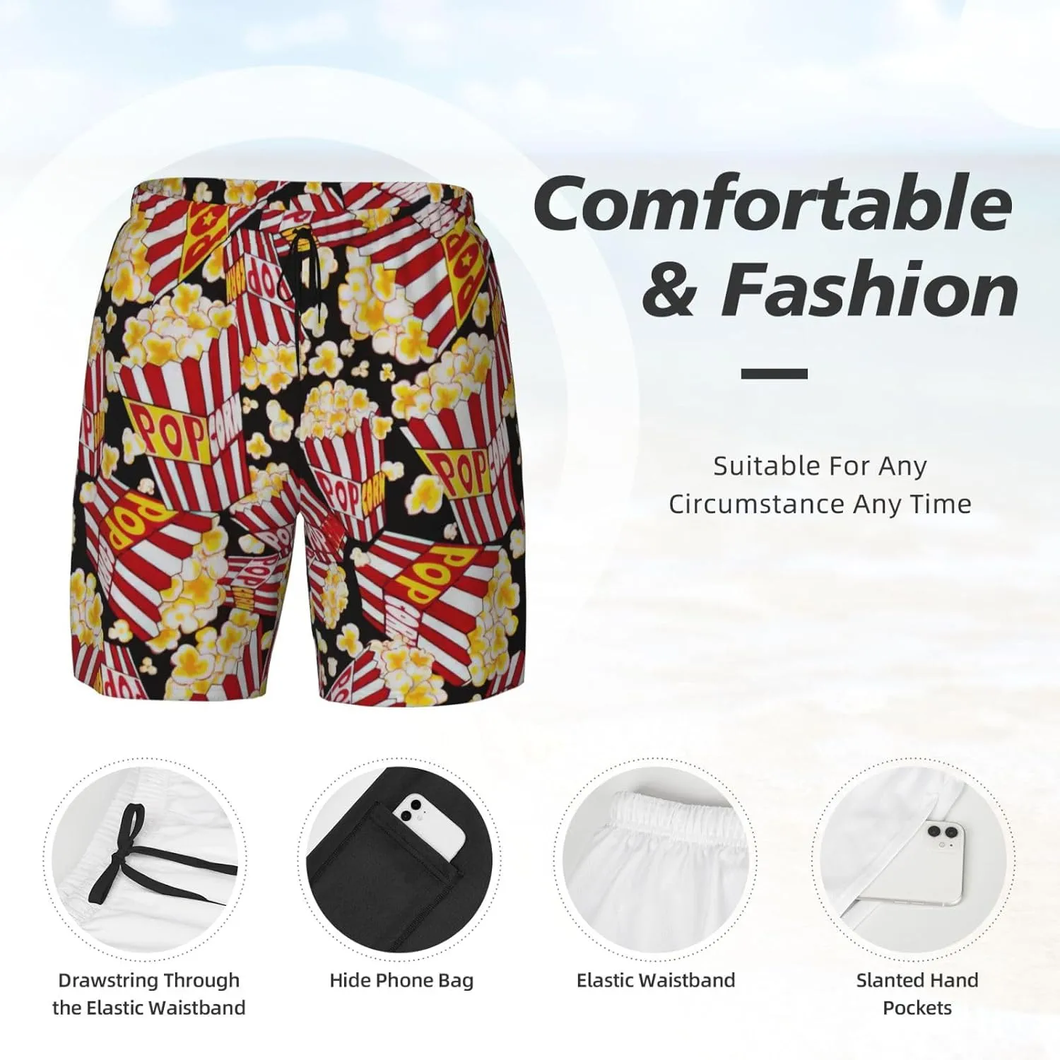 Popcorn Print Print Men's Double Layer Swim Shorts, Gym Workout Shorts with Pocket