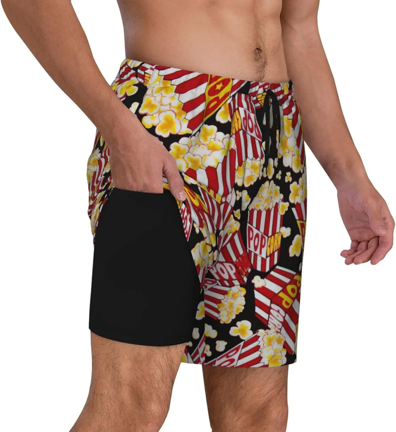 Popcorn Print Print Men's Double Layer Swim Shorts, Gym Workout Shorts with Pocket