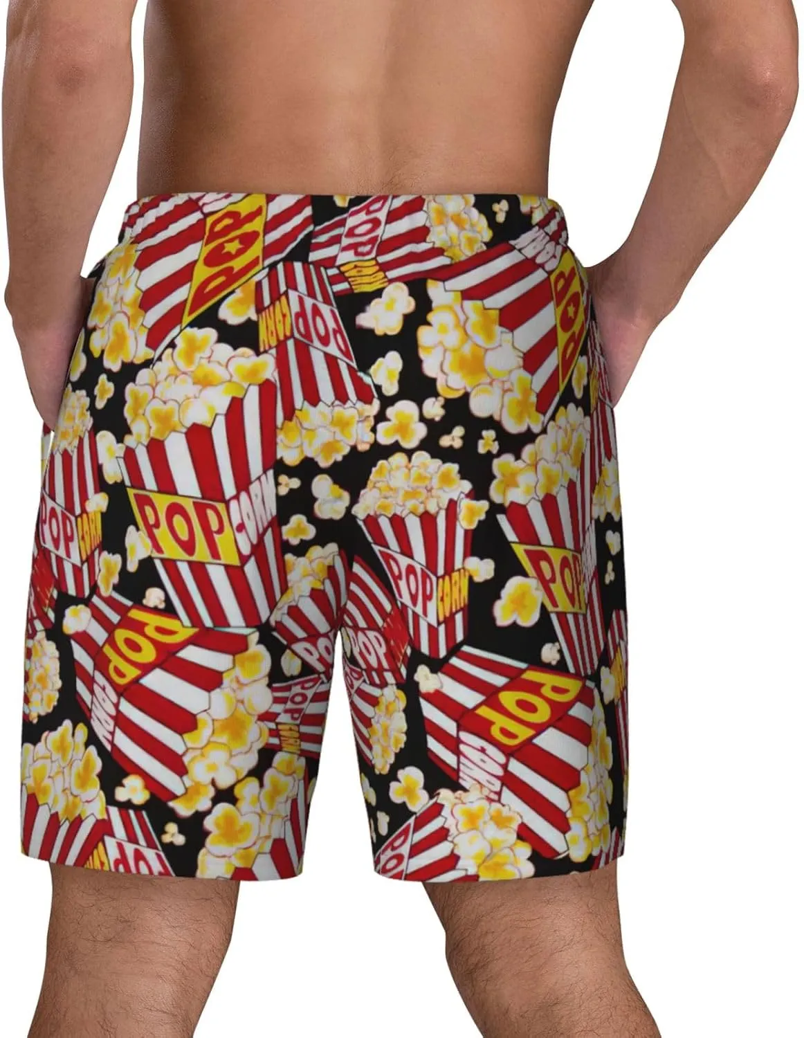 Popcorn Print Print Men's Double Layer Swim Shorts, Gym Workout Shorts with Pocket