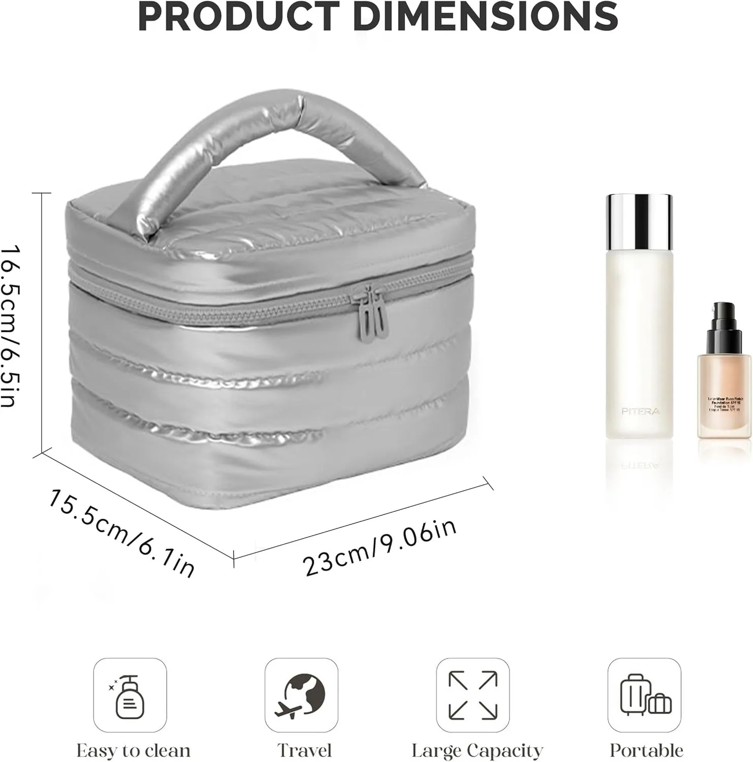 Prite Travel Makeup Bag for Women Water-Resistant Makeup Organizer with Built-in Pockets Collapsible Cosmetic Bag for Travel Essentials(Silver)