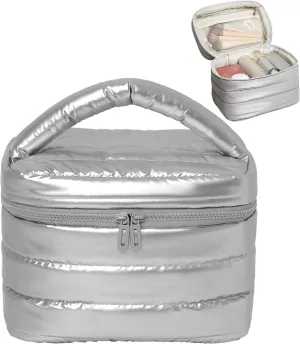 Prite Travel Makeup Bag for Women Water-Resistant Makeup Organizer with Built-in Pockets Collapsible Cosmetic Bag for Travel Essentials(Silver)