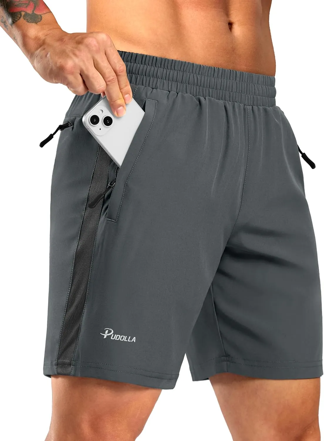 Pudolla Men's Running Athletic Shorts with 3 Zipper Pockets 5"/7" Gym Workout Shorts Lightweight Quick Dry for Hiking Casual