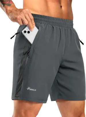 Pudolla Men's Running Athletic Shorts with 3 Zipper Pockets 5"/7" Gym Workout Shorts Lightweight Quick Dry for Hiking Casual