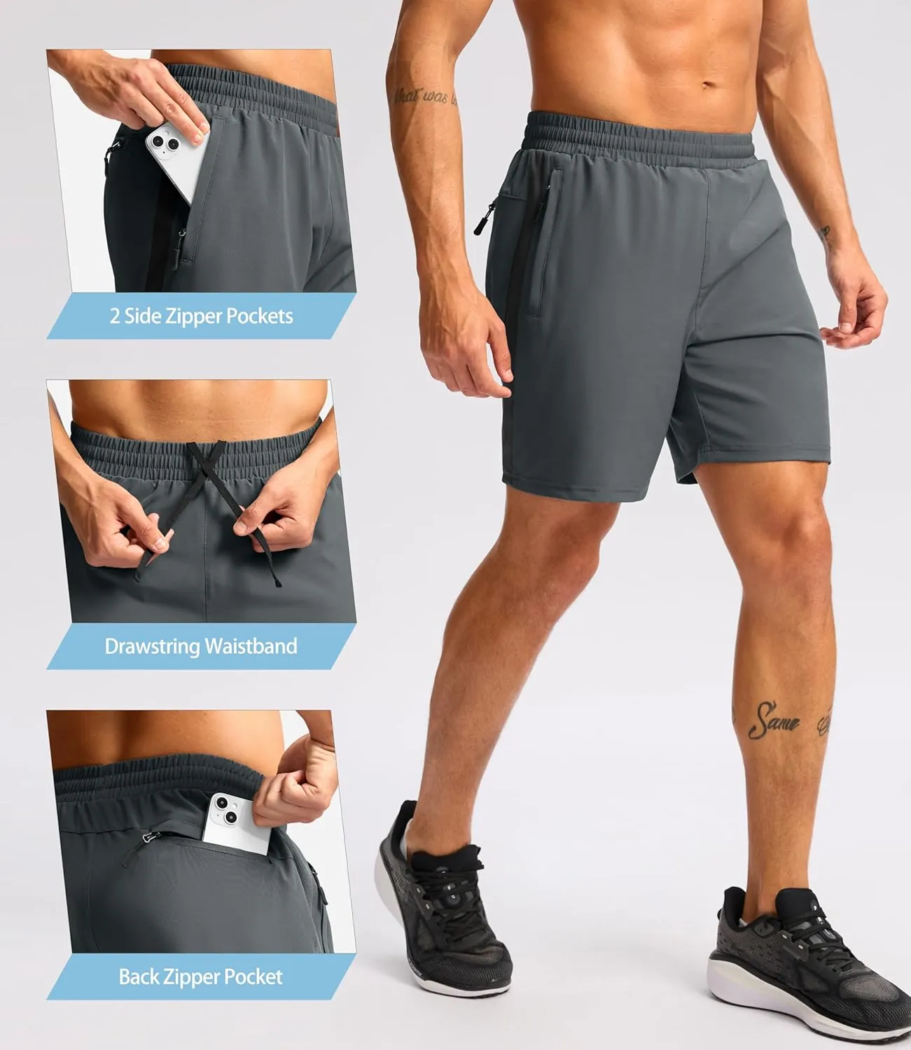 Pudolla Men's Running Athletic Shorts with 3 Zipper Pockets 5"/7" Gym Workout Shorts Lightweight Quick Dry for Hiking Casual