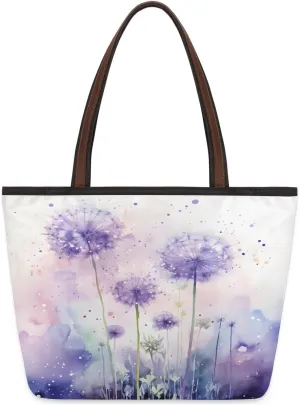 Purple Abstract Dandelion Tote Bag Tote for Women Zipper Womens Handbags Tote Bag for Work Shopping Travel
