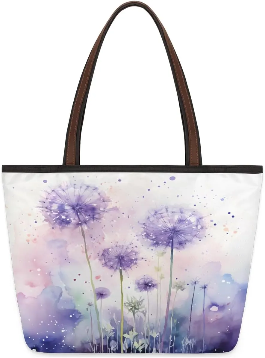 Purple Abstract Dandelion Tote Bag Tote for Women Zipper Womens Handbags Tote Bag for Work Shopping Travel