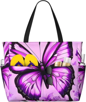 Purple Butterfly Print 28L Beach Tote Bag, Water-resistant Travel Tote, Lightweight Gym & Camping Carryall