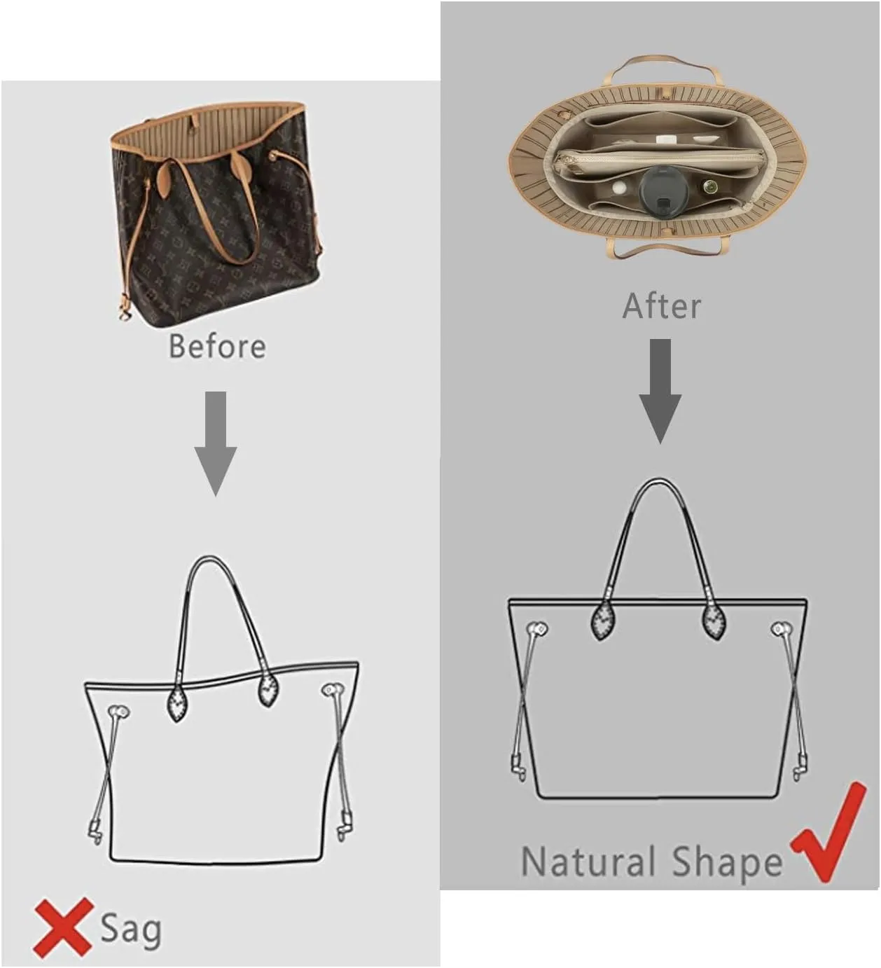 Purse Organizer Insert For Handbags, Purse Organizer With Zipper, Neverfull Organizer, Bag Organizer For Speedy Neverfull ONTHEGO Tote, Handbag and More (Silky Beige, X-Large)
