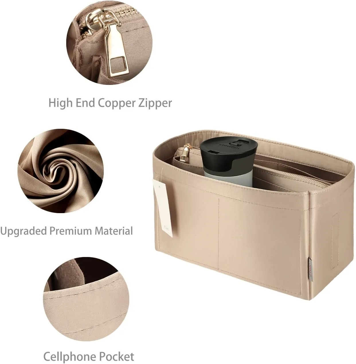 Purse Organizer Insert For Handbags, Purse Organizer With Zipper, Neverfull Organizer, Bag Organizer For Speedy Neverfull ONTHEGO Tote, Handbag and More (Silky Beige, X-Large)