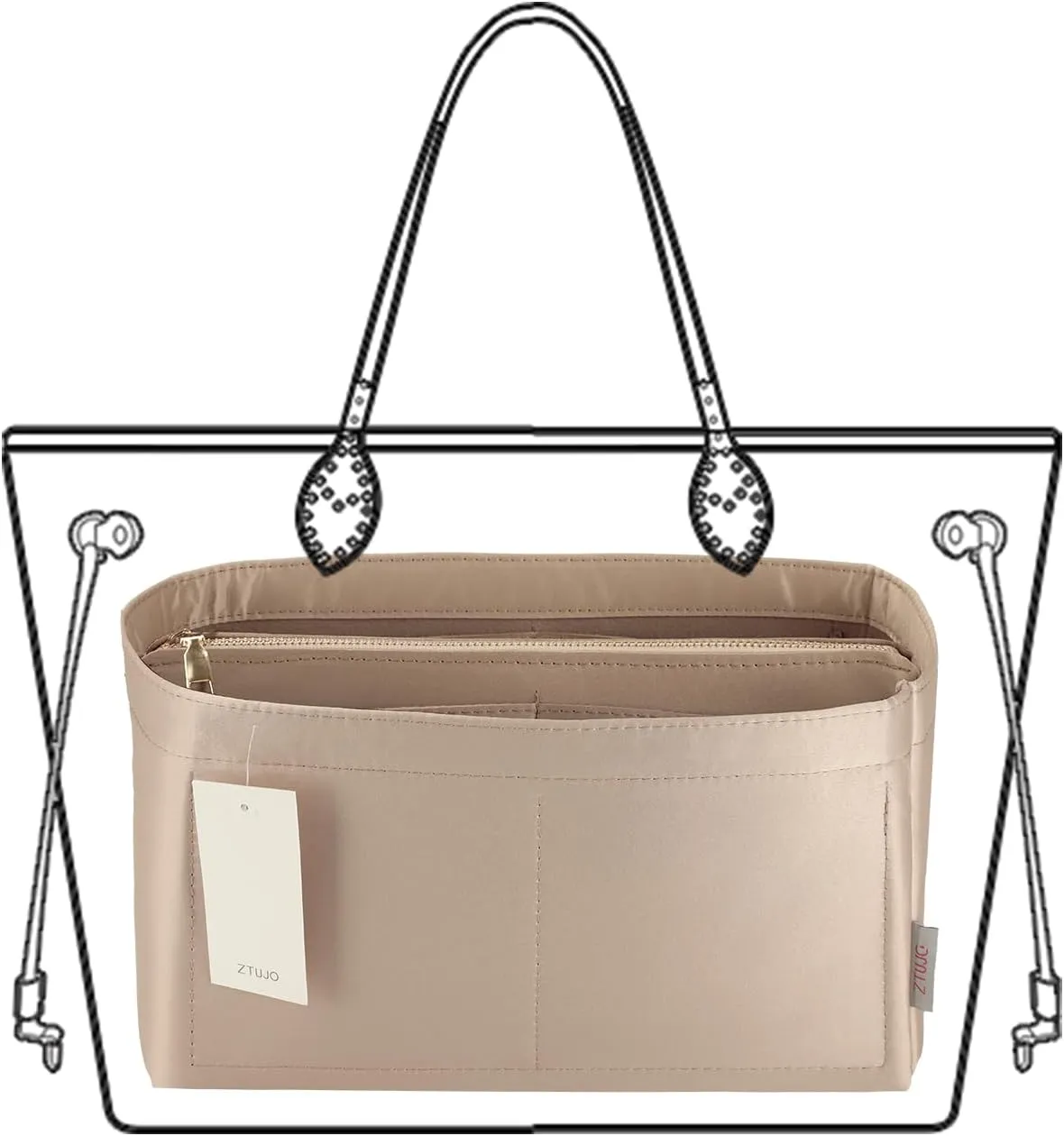 Purse Organizer Insert For Handbags, Purse Organizer With Zipper, Neverfull Organizer, Bag Organizer For Speedy Neverfull ONTHEGO Tote, Handbag and More (Silky Beige, X-Large)