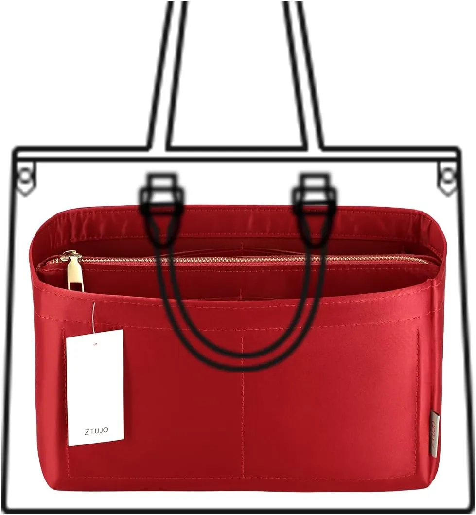 Purse Organizer Insert For Handbags, Purse Organizer With Zipper, Neverfull Organizer, Bag Organizer For Speedy Neverfull ONTHEGO Tote, Handbag and More (Silky Red, Large)
