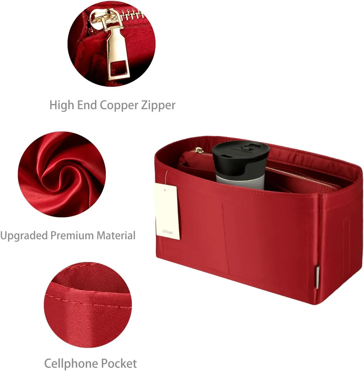 Purse Organizer Insert For Handbags, Purse Organizer With Zipper, Neverfull Organizer, Bag Organizer For Speedy Neverfull ONTHEGO Tote, Handbag and More (Silky Red, Large)