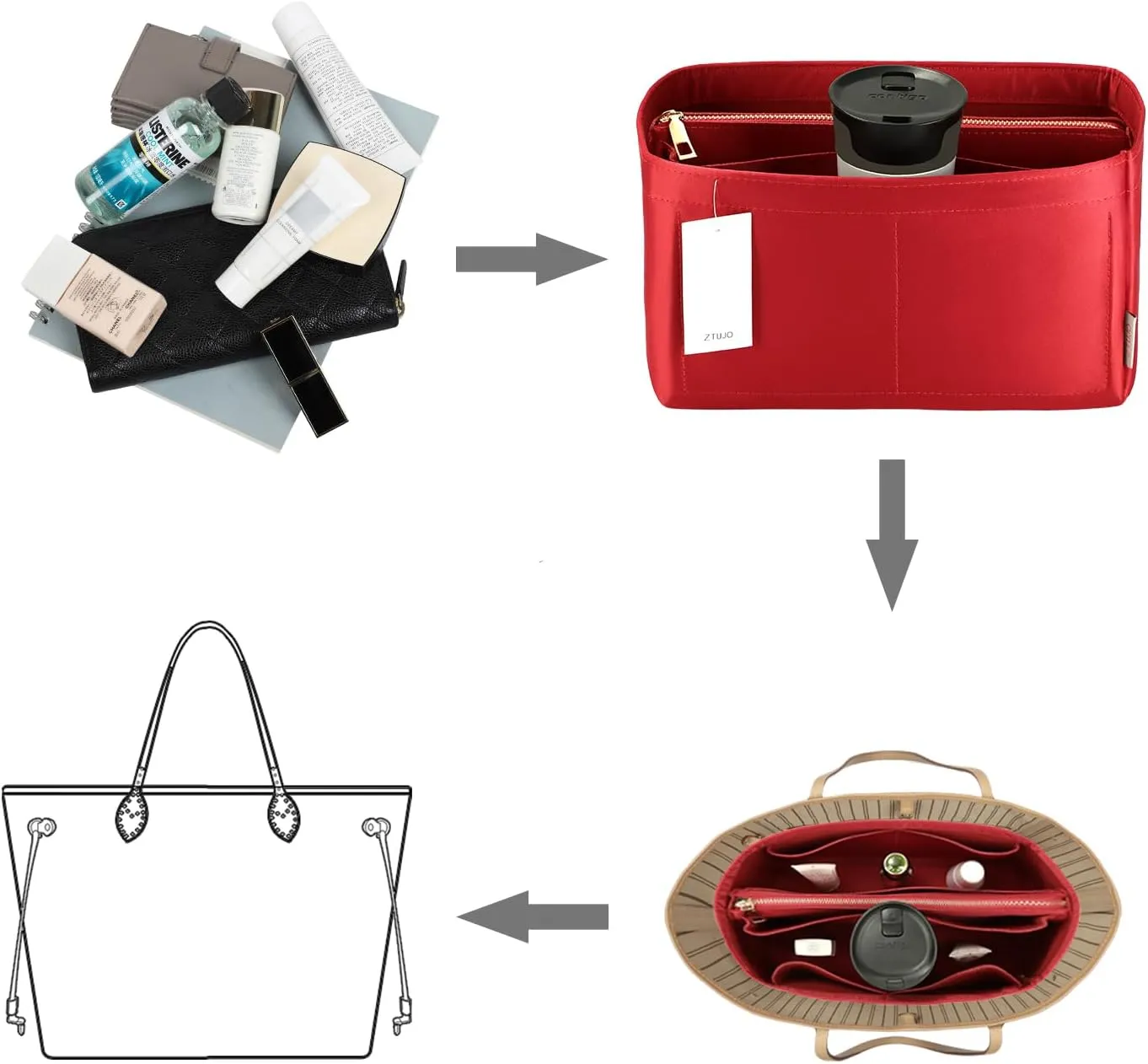 Purse Organizer Insert For Handbags, Purse Organizer With Zipper, Neverfull Organizer, Bag Organizer For Speedy Neverfull ONTHEGO Tote, Handbag and More (Silky Red, Large)