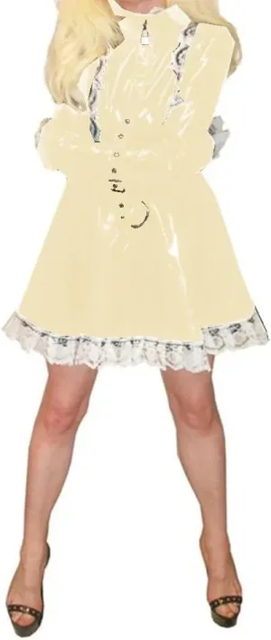 PVC Lockable Sissy Cosplay Lolita Pleated Mini Dress Faux Latex Long Sleeve A-line Dress Club