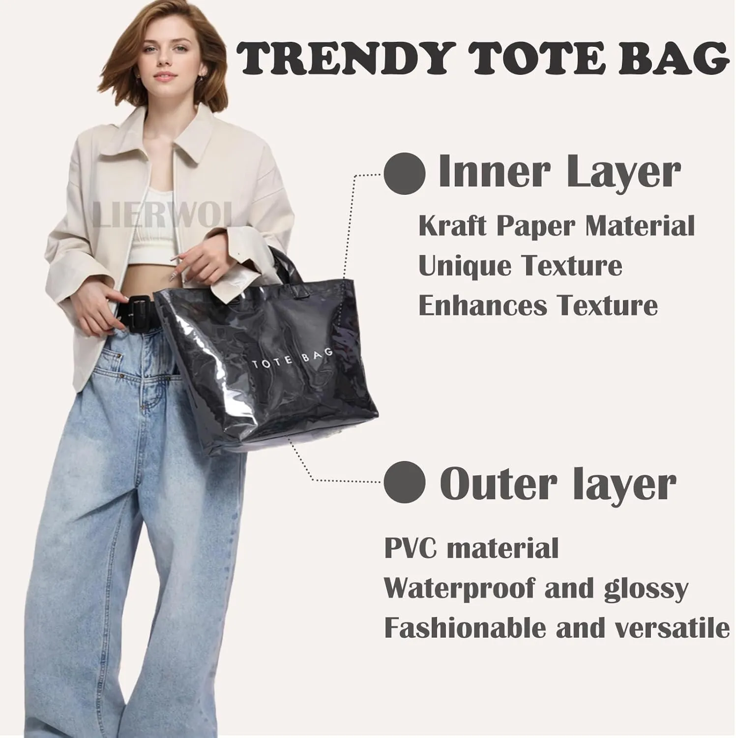 PVC Tote Bag for Women Kraft Paper Large Tote Bag Fashion Paper Bag Trendy Letter Print Tote Bag Top Handle